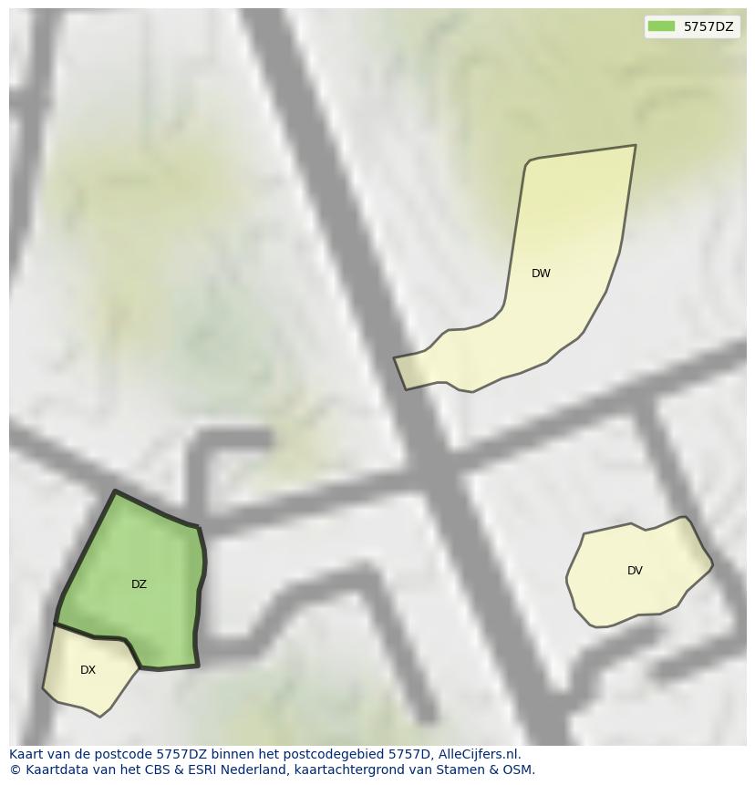 Afbeelding van het postcodegebied 5757 DZ op de kaart.