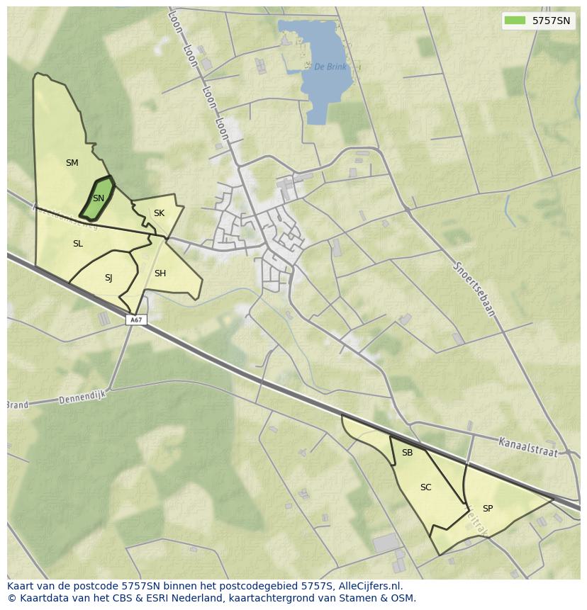Afbeelding van het postcodegebied 5757 SN op de kaart.