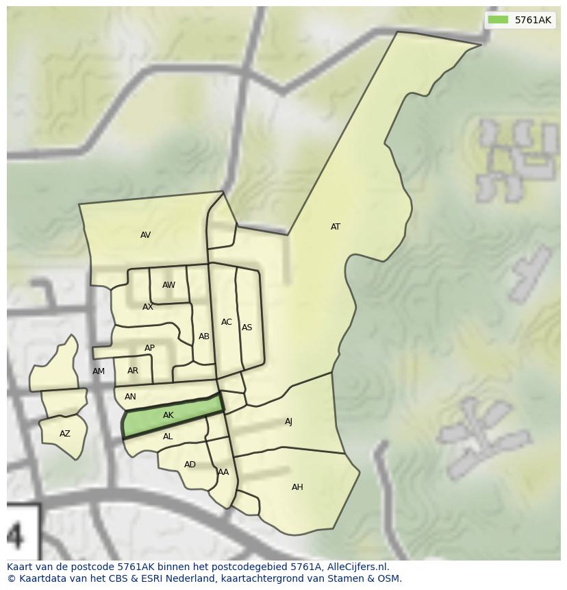 Afbeelding van het postcodegebied 5761 AK op de kaart.