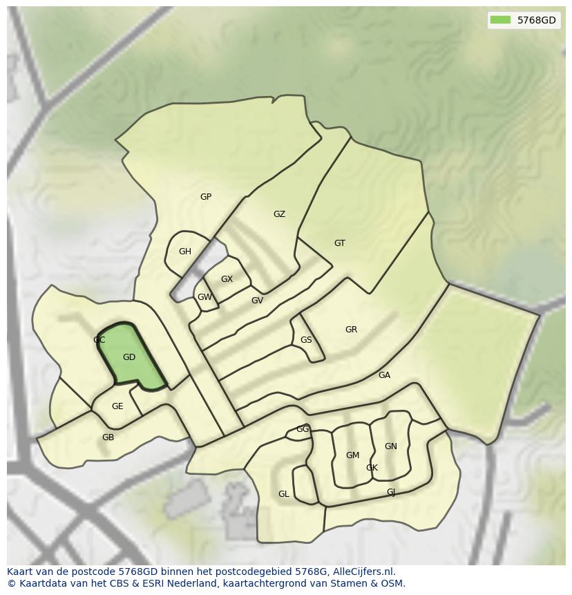 Afbeelding van het postcodegebied 5768 GD op de kaart.