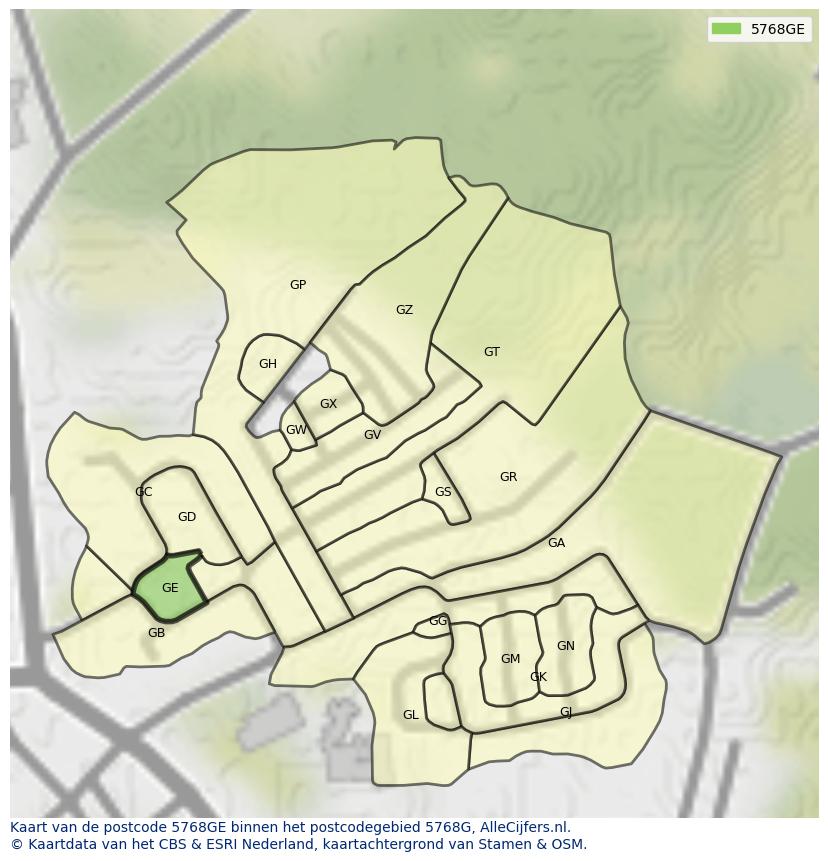 Afbeelding van het postcodegebied 5768 GE op de kaart.