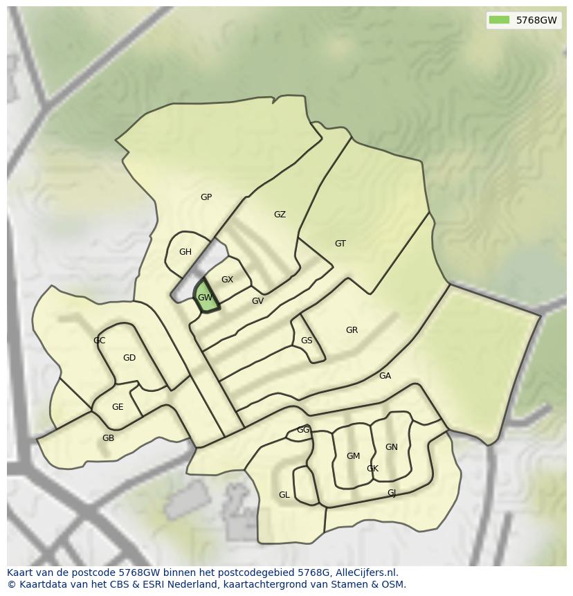 Afbeelding van het postcodegebied 5768 GW op de kaart.