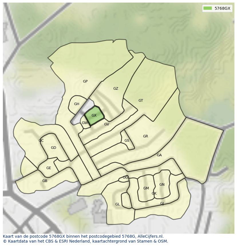 Afbeelding van het postcodegebied 5768 GX op de kaart.