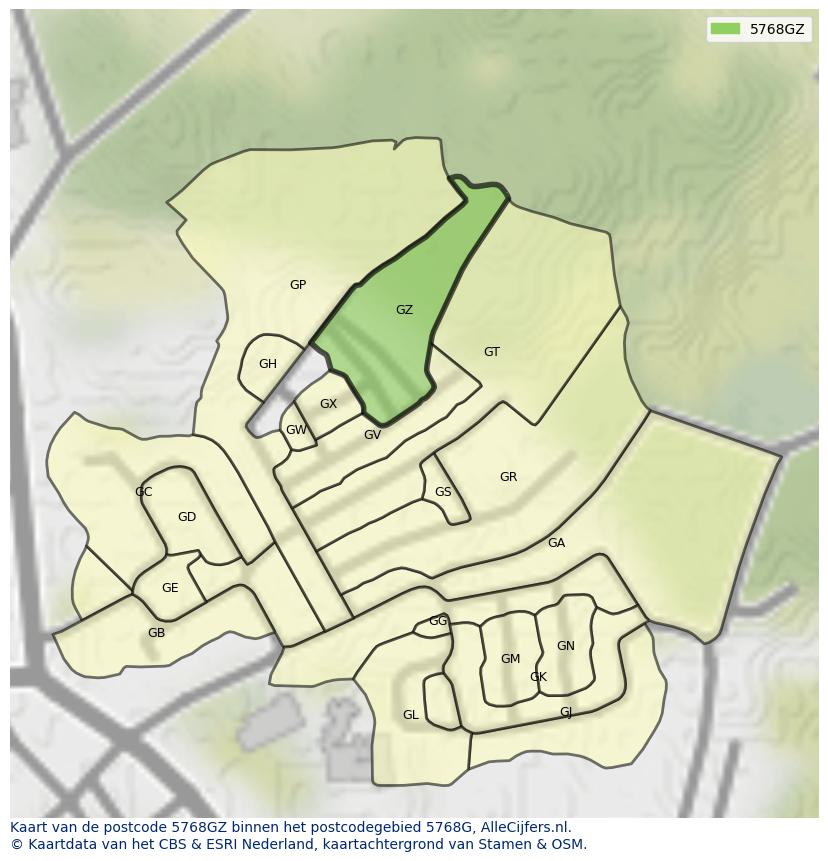 Afbeelding van het postcodegebied 5768 GZ op de kaart.
