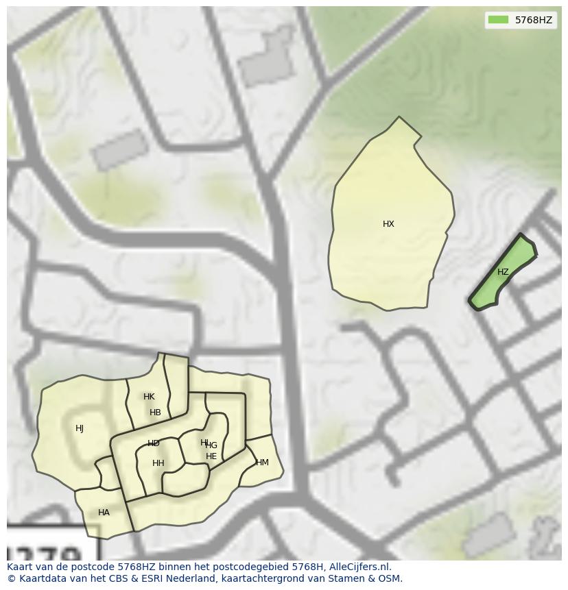 Afbeelding van het postcodegebied 5768 HZ op de kaart.