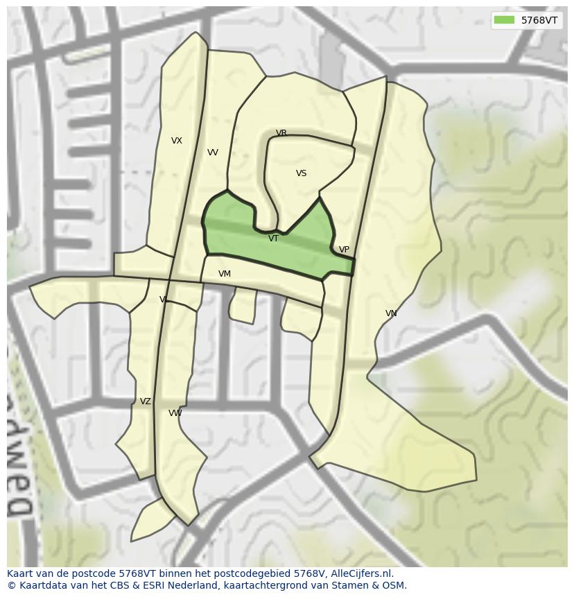 Afbeelding van het postcodegebied 5768 VT op de kaart.