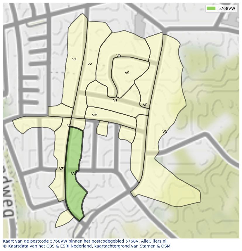Afbeelding van het postcodegebied 5768 VW op de kaart.