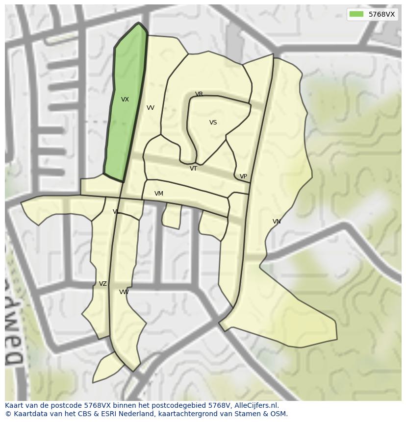 Afbeelding van het postcodegebied 5768 VX op de kaart.