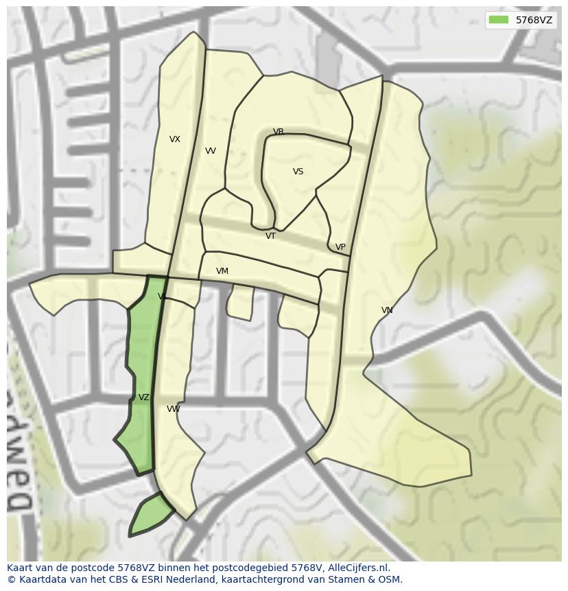 Afbeelding van het postcodegebied 5768 VZ op de kaart.