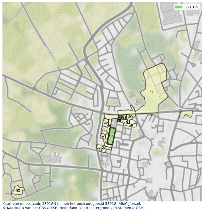 Afbeelding van het postcodegebied 5801 GN op de kaart.