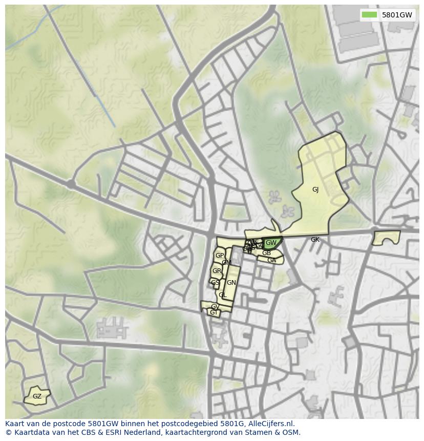 Afbeelding van het postcodegebied 5801 GW op de kaart.