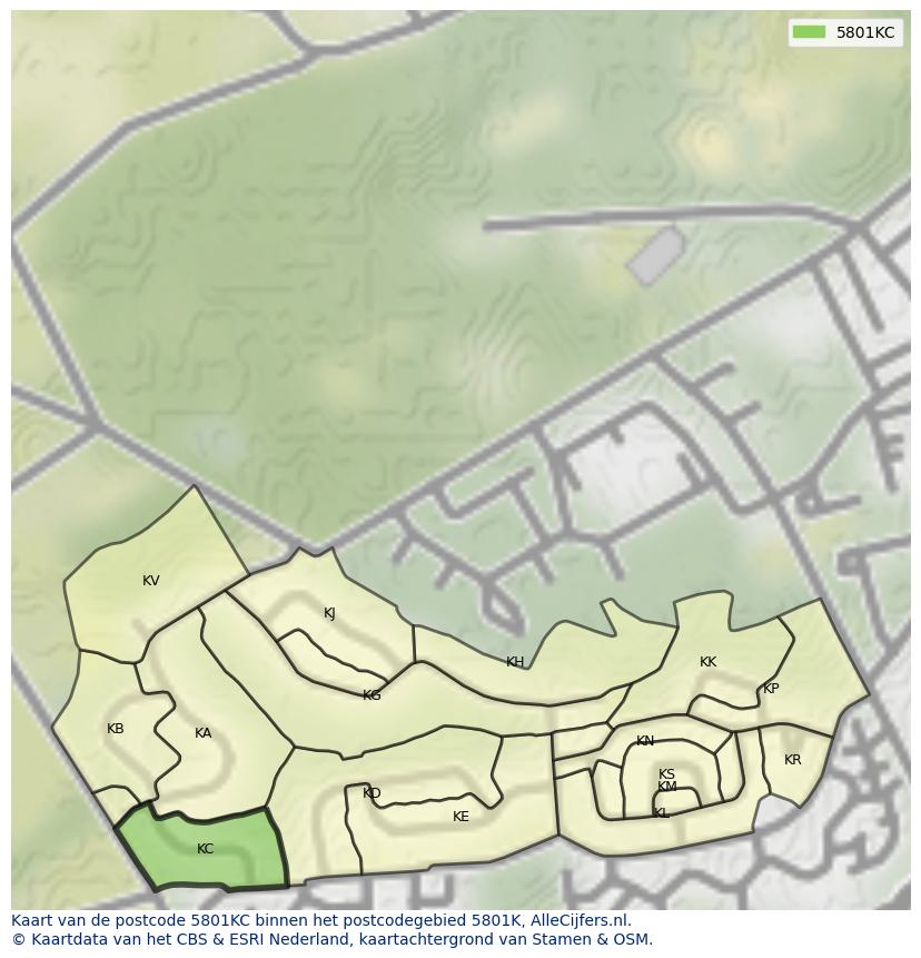 Afbeelding van het postcodegebied 5801 KC op de kaart.