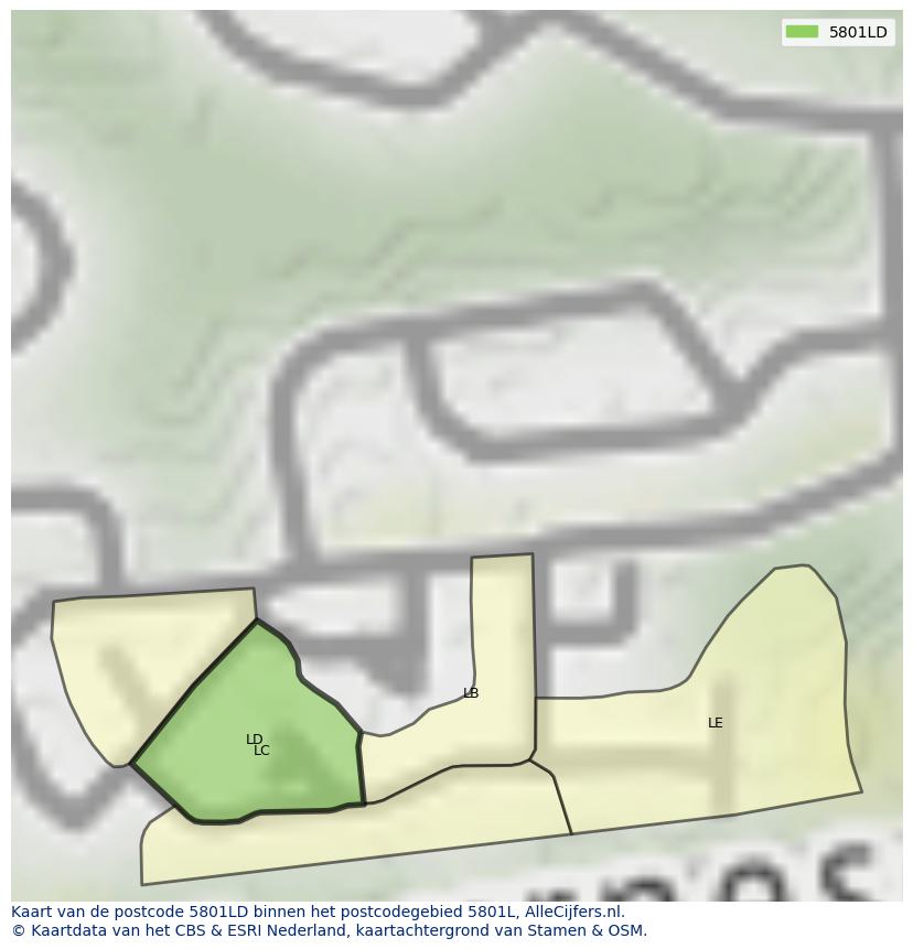 Afbeelding van het postcodegebied 5801 LD op de kaart.
