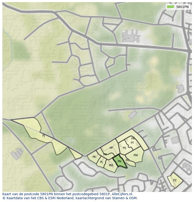 Afbeelding van het postcodegebied 5801 PN op de kaart.