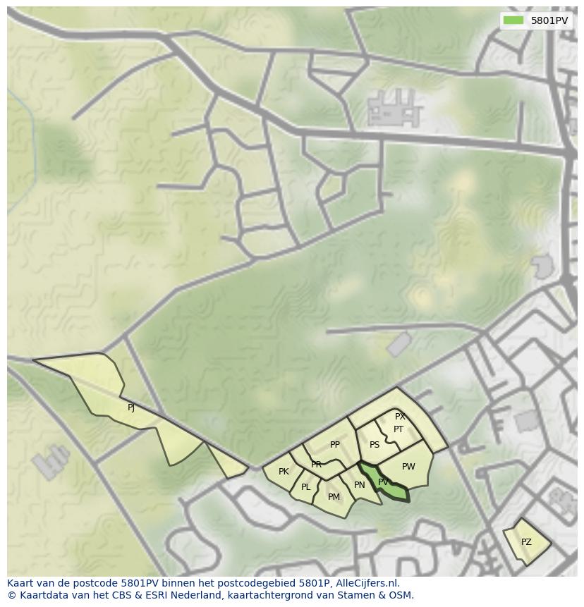 Afbeelding van het postcodegebied 5801 PV op de kaart.