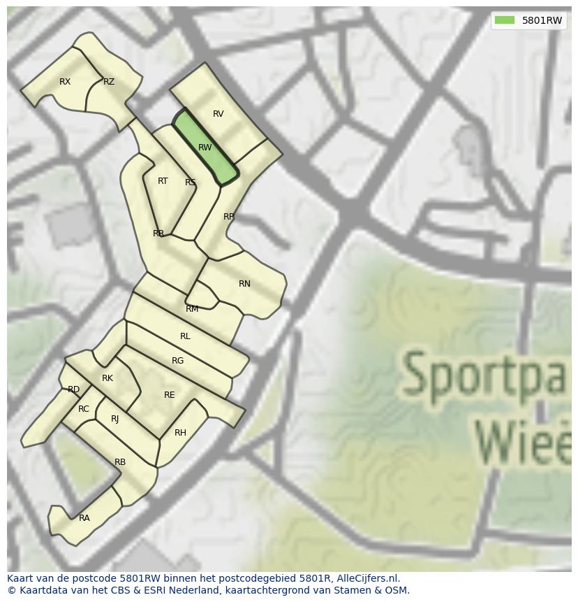 Afbeelding van het postcodegebied 5801 RW op de kaart.