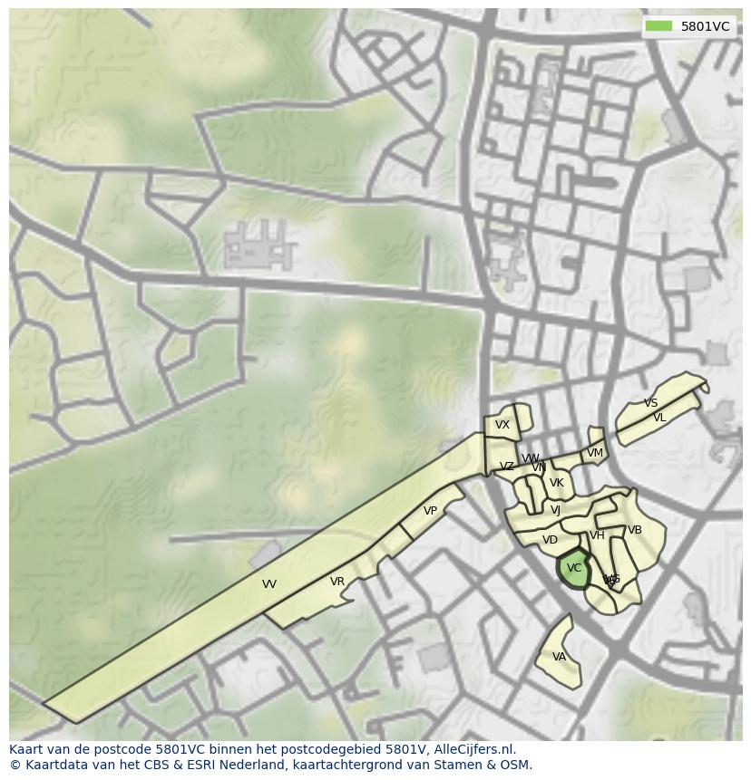 Afbeelding van het postcodegebied 5801 VC op de kaart.