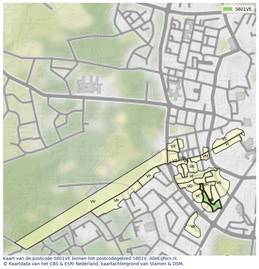 Afbeelding van het postcodegebied 5801 VE op de kaart.