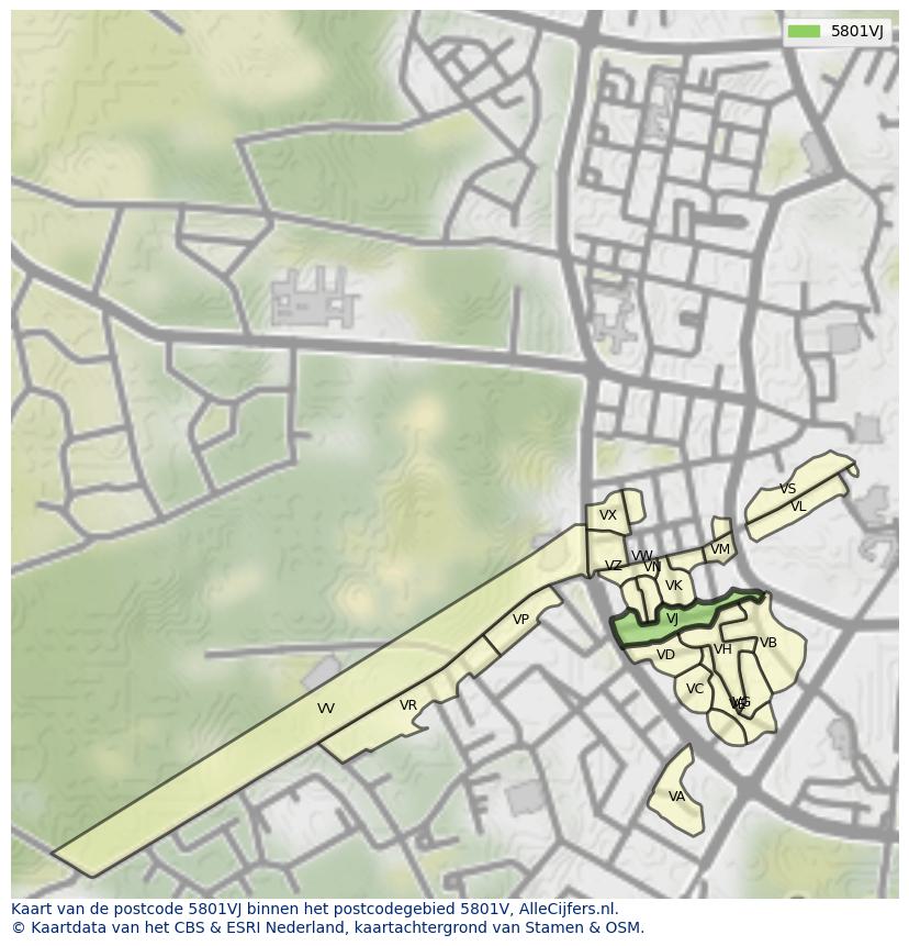 Afbeelding van het postcodegebied 5801 VJ op de kaart.