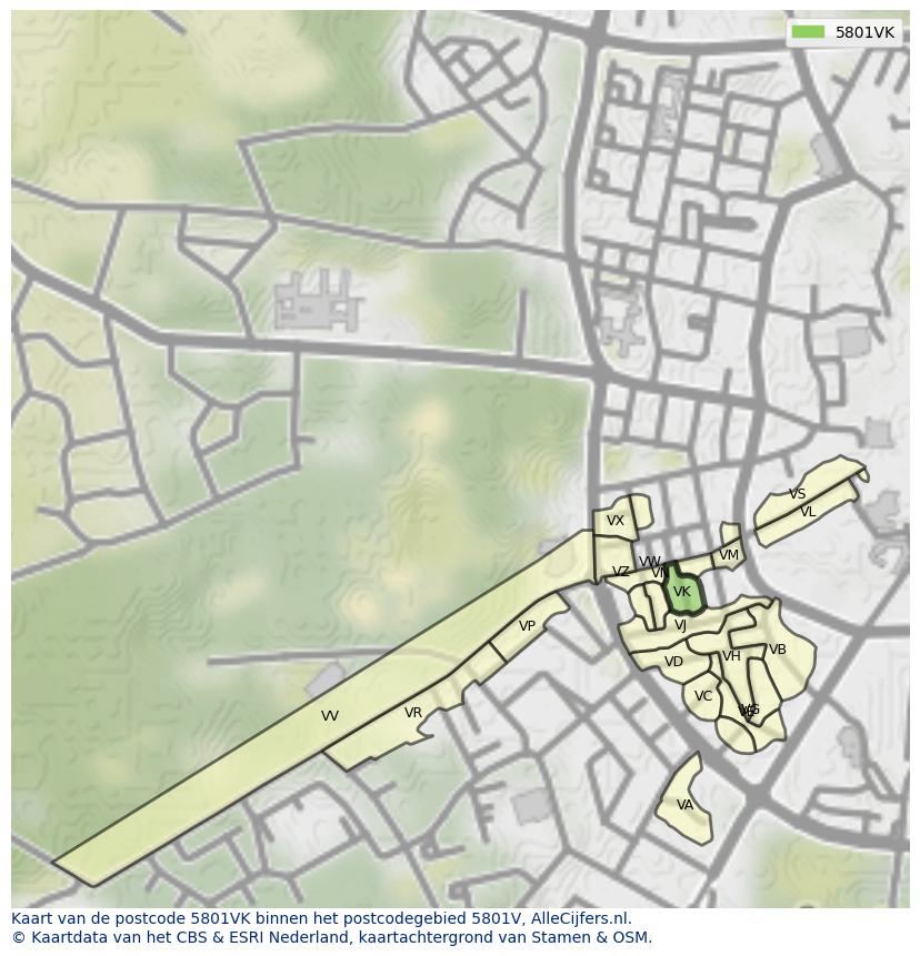 Afbeelding van het postcodegebied 5801 VK op de kaart.