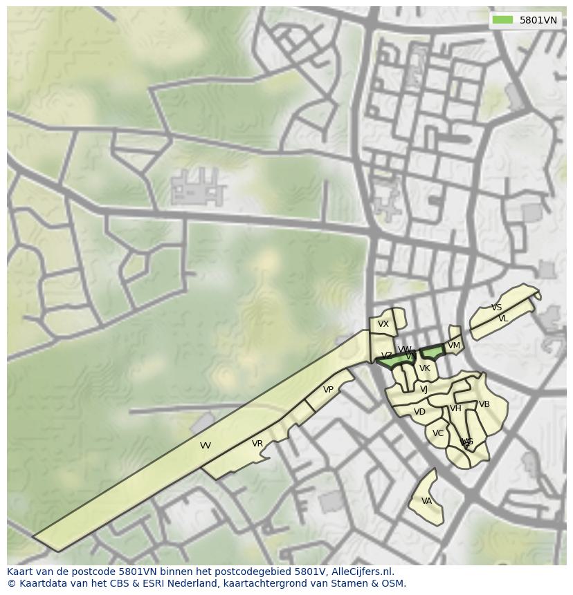 Afbeelding van het postcodegebied 5801 VN op de kaart.