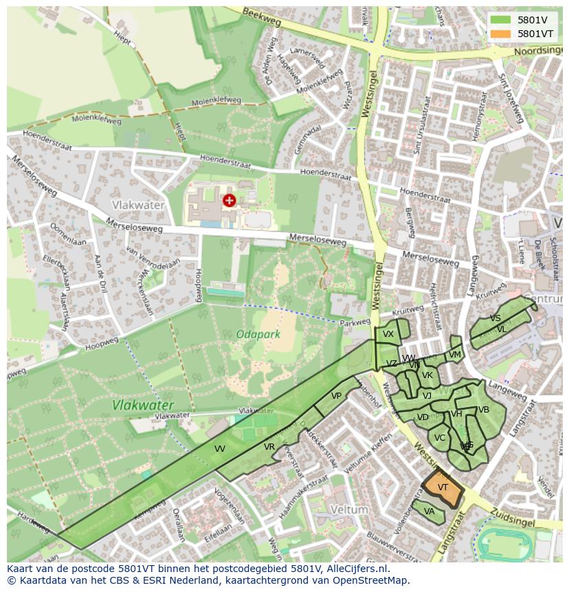 Afbeelding van het postcodegebied 5801 VT op de kaart.