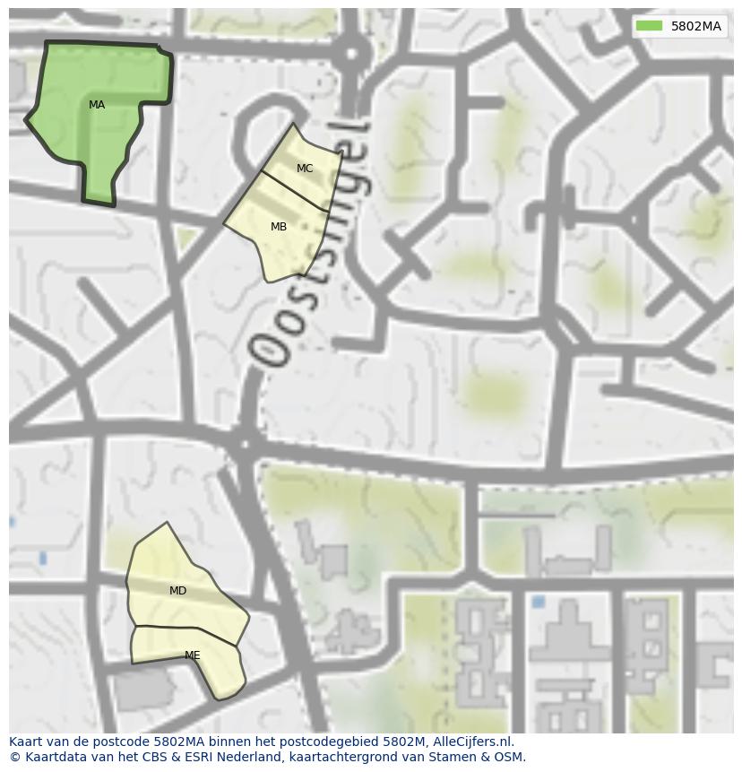 Afbeelding van het postcodegebied 5802 MA op de kaart.