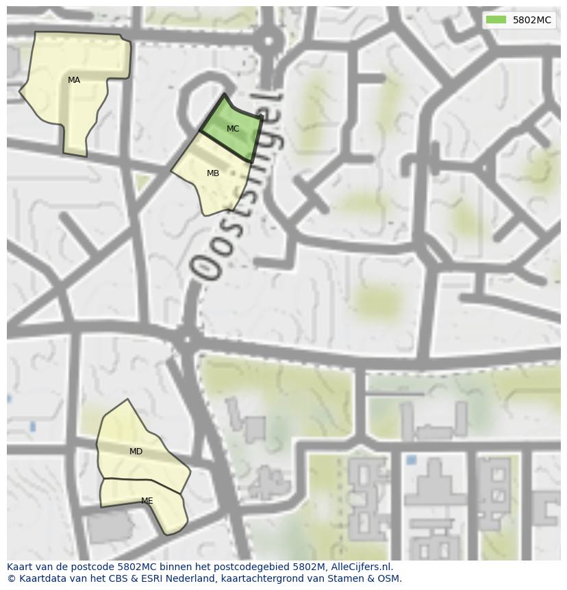 Afbeelding van het postcodegebied 5802 MC op de kaart.