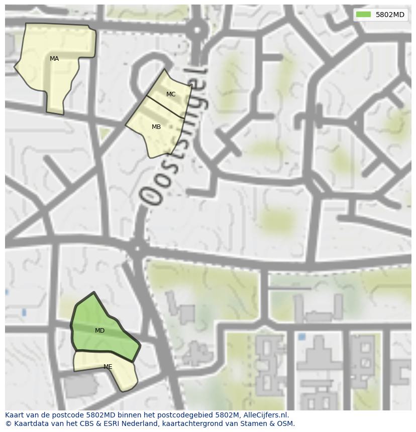 Afbeelding van het postcodegebied 5802 MD op de kaart.