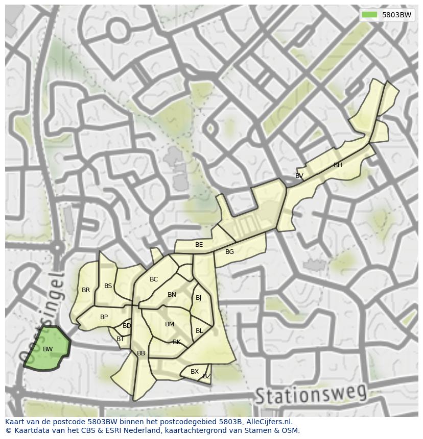 Afbeelding van het postcodegebied 5803 BW op de kaart.