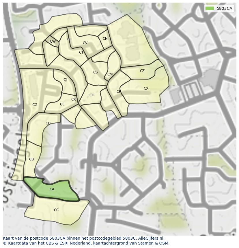 Afbeelding van het postcodegebied 5803 CA op de kaart.