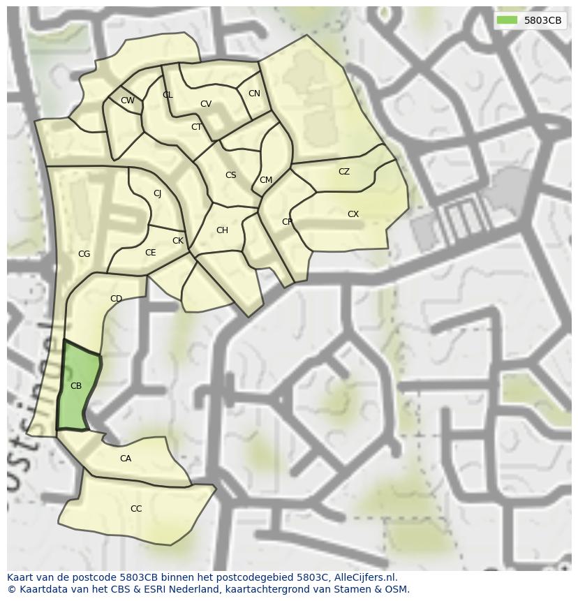 Afbeelding van het postcodegebied 5803 CB op de kaart.
