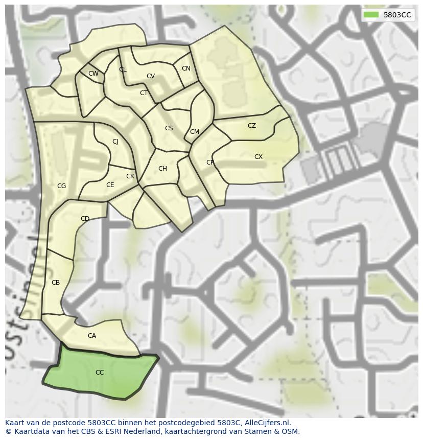 Afbeelding van het postcodegebied 5803 CC op de kaart.