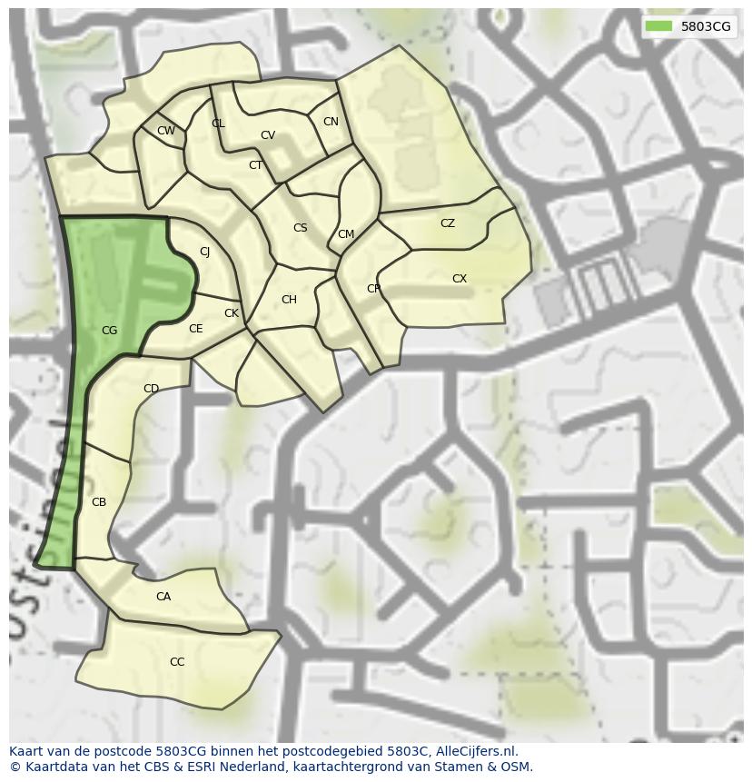 Afbeelding van het postcodegebied 5803 CG op de kaart.