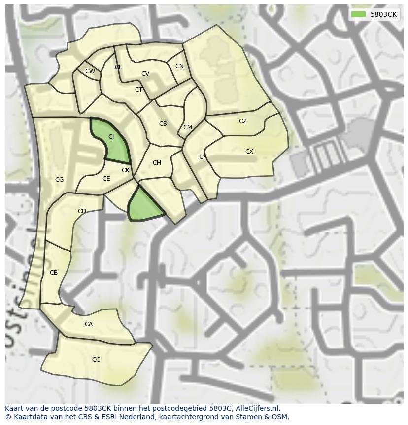 Afbeelding van het postcodegebied 5803 CK op de kaart.