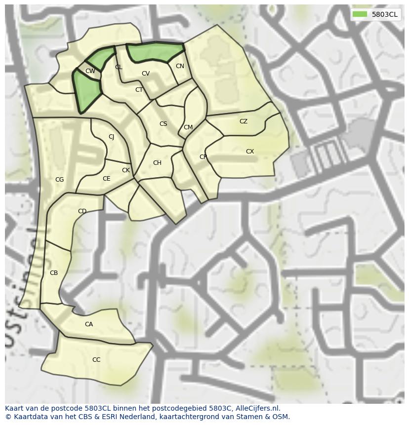 Afbeelding van het postcodegebied 5803 CL op de kaart.