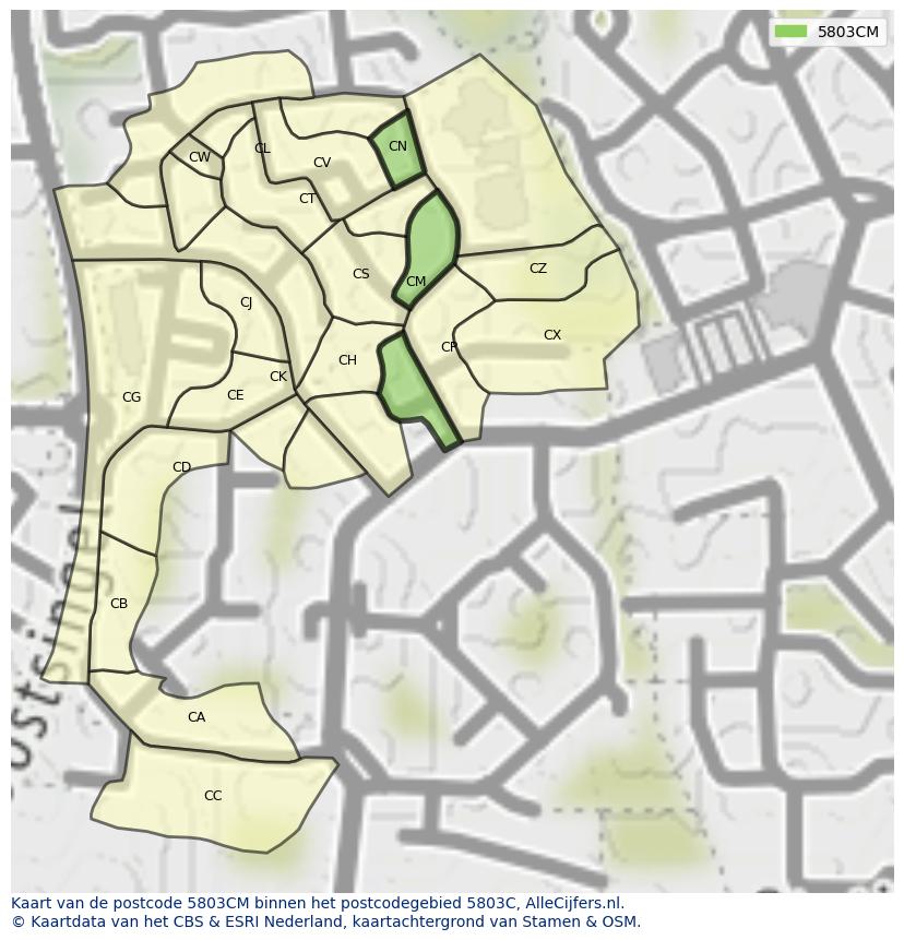 Afbeelding van het postcodegebied 5803 CM op de kaart.