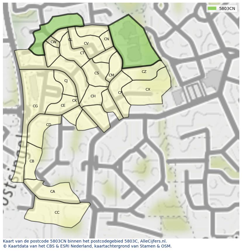 Afbeelding van het postcodegebied 5803 CN op de kaart.