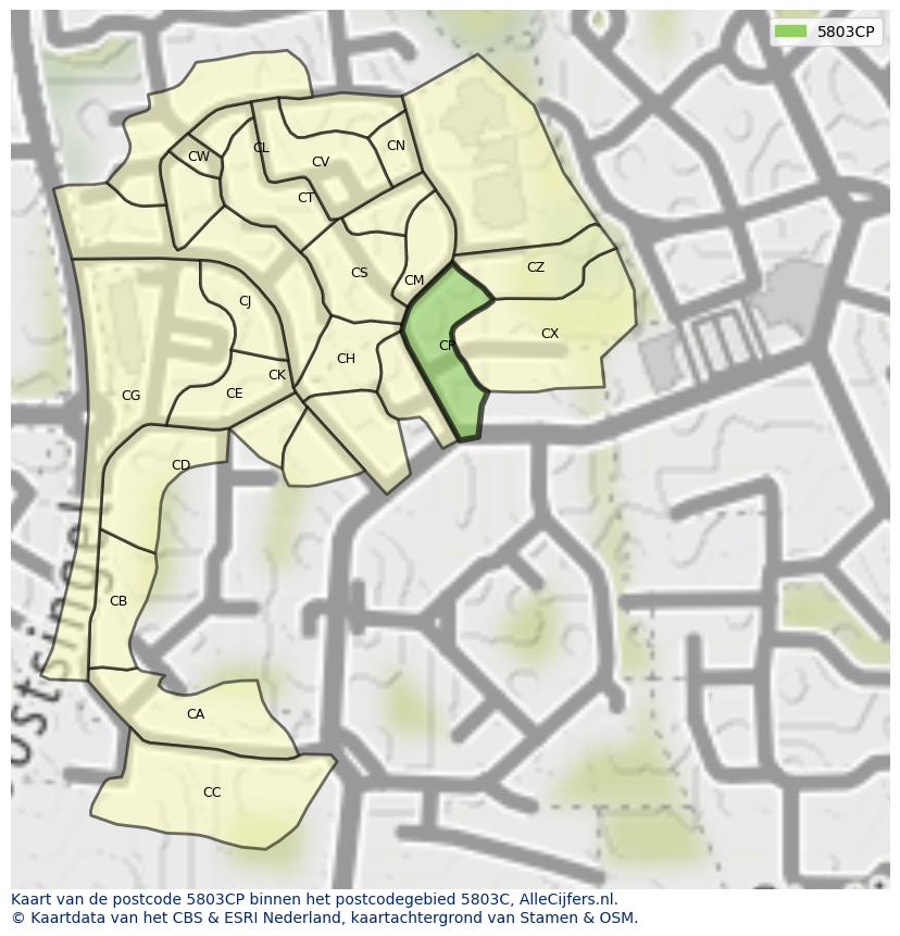 Afbeelding van het postcodegebied 5803 CP op de kaart.