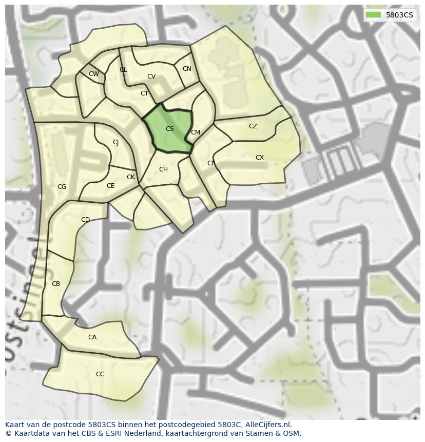 Afbeelding van het postcodegebied 5803 CS op de kaart.