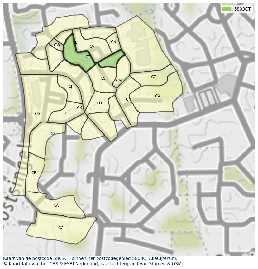 Afbeelding van het postcodegebied 5803 CT op de kaart.