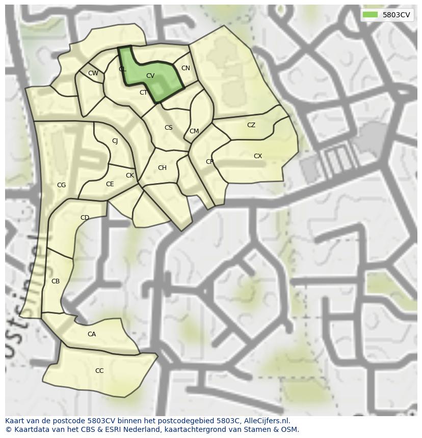 Afbeelding van het postcodegebied 5803 CV op de kaart.