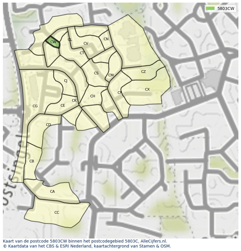 Afbeelding van het postcodegebied 5803 CW op de kaart.