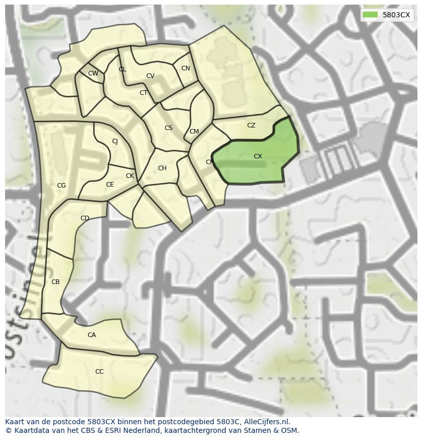 Afbeelding van het postcodegebied 5803 CX op de kaart.