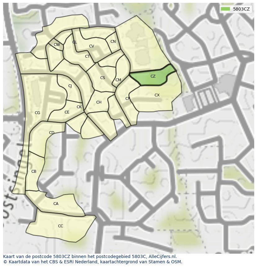 Afbeelding van het postcodegebied 5803 CZ op de kaart.