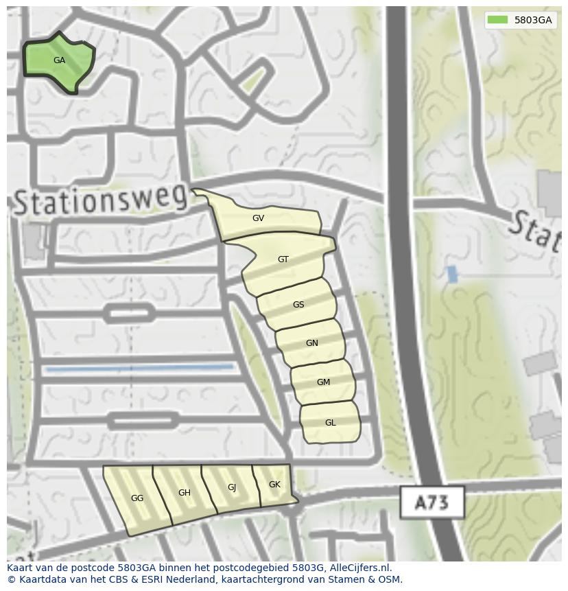 Afbeelding van het postcodegebied 5803 GA op de kaart.