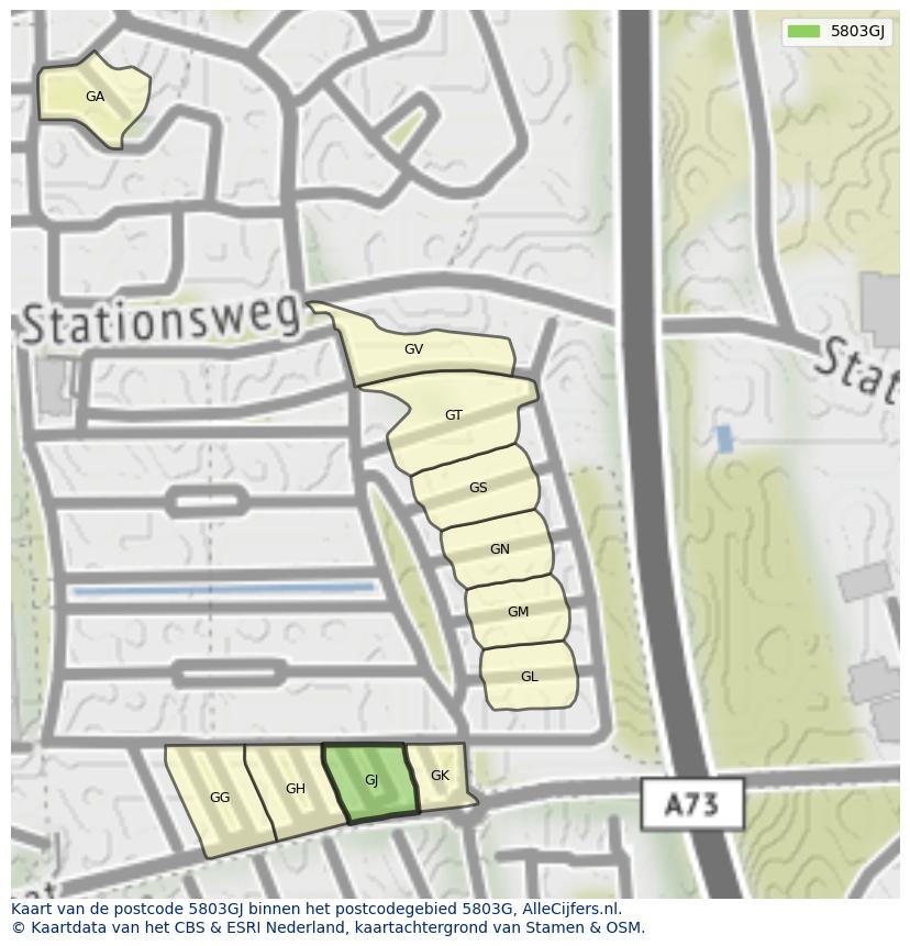 Afbeelding van het postcodegebied 5803 GJ op de kaart.