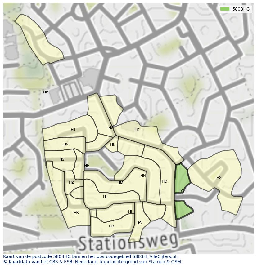 Afbeelding van het postcodegebied 5803 HG op de kaart.