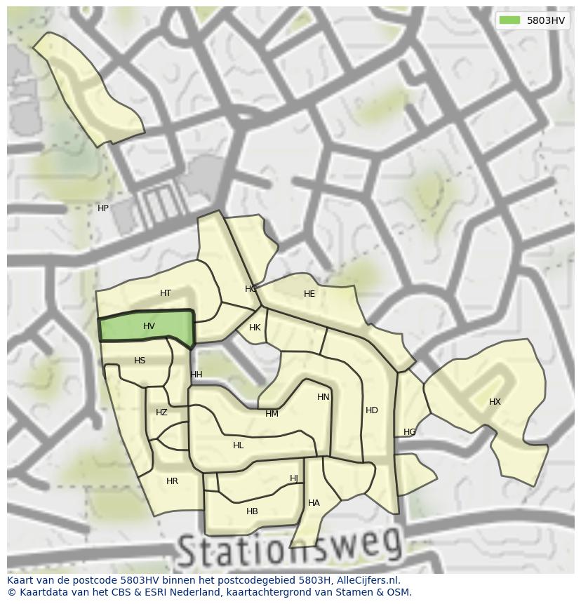 Afbeelding van het postcodegebied 5803 HV op de kaart.