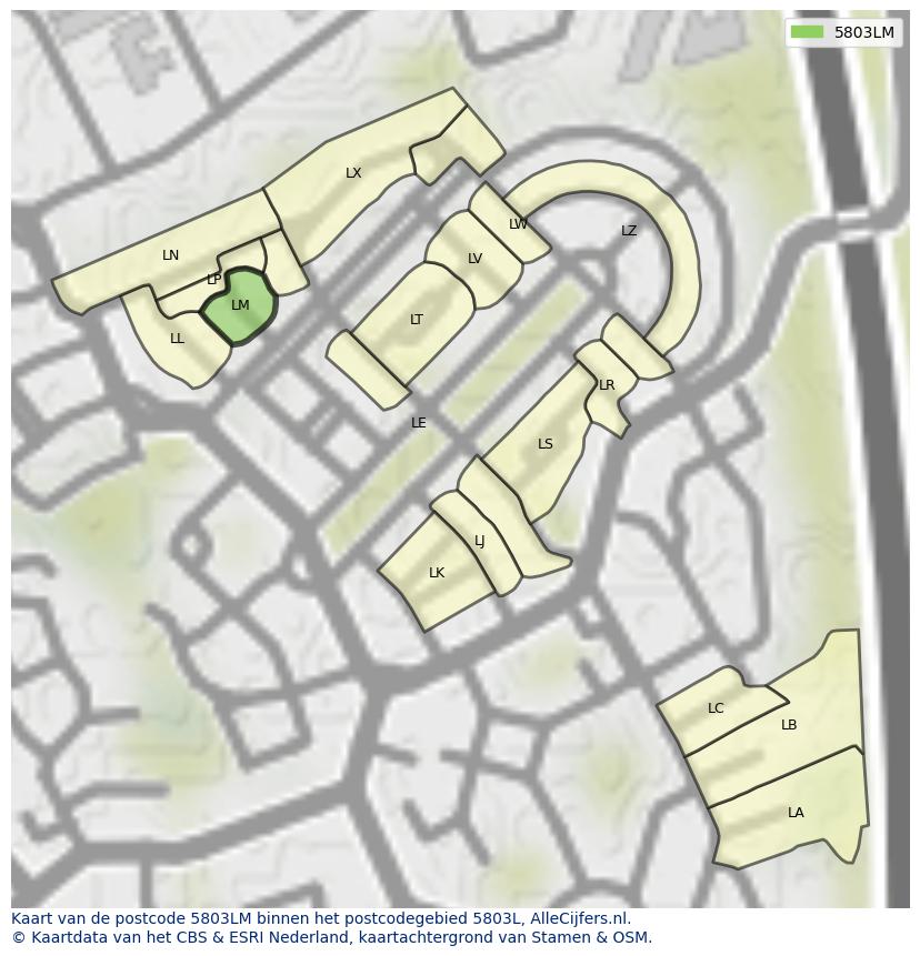 Afbeelding van het postcodegebied 5803 LM op de kaart.